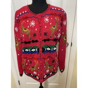 Vtg Red Ugly Christmas Sweater Cardigan Rudolph Embroidery Beads Bows Size M